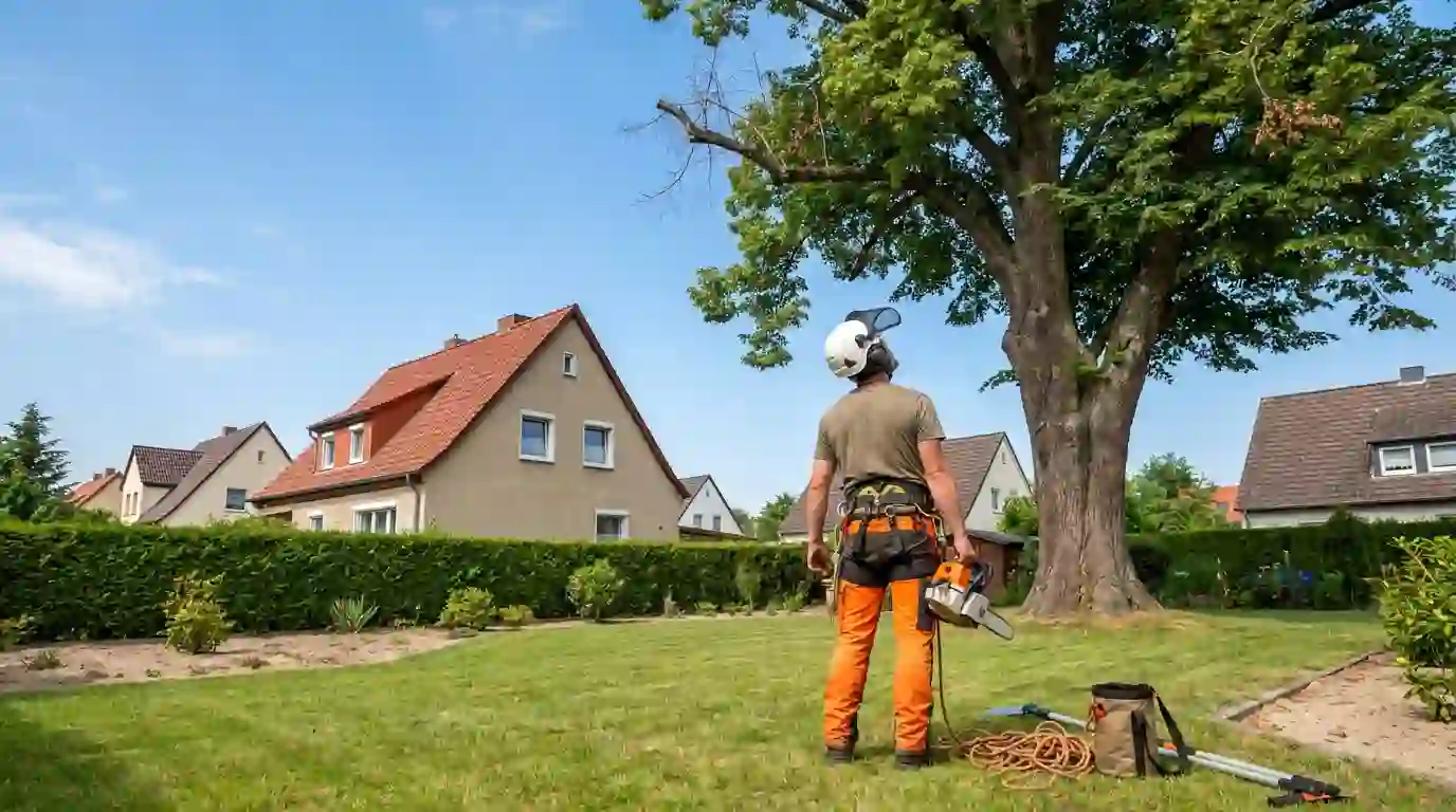 Baumpfleger beurteilt die Krone einer Linde mit Totholz vor der Kronenpflege in Berlin, Berliner Galabau