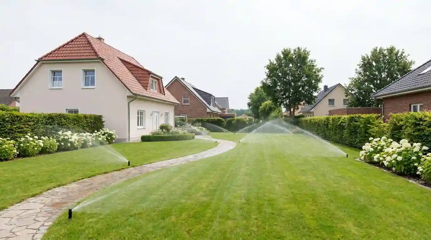 Vier Versenkregner bewässern Rasenflächen beidseits eines Gartenwegs in Berlin – Berliner Galabau