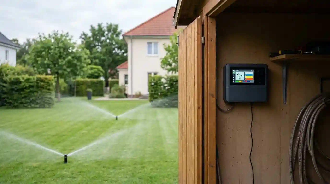 Steuergerät einer Bewässerungsanlage im Gartenhaus, im Hintergrund laufende Versenkregner in Berlin – Berliner Galabau