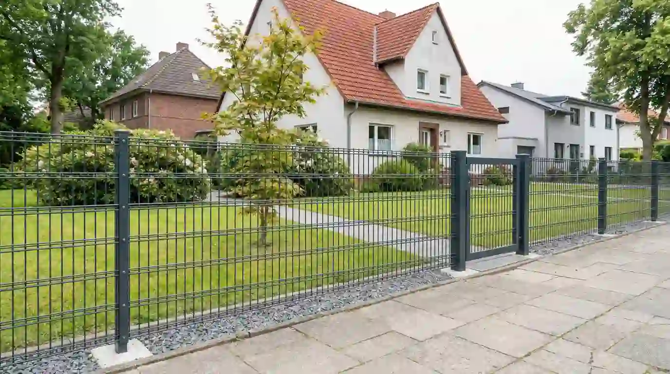 Zaunbau Berlin: anthrazitfarbener Doppelstabmattenzaun mit Pforte am Vorgarten eines Einfamilienhauses