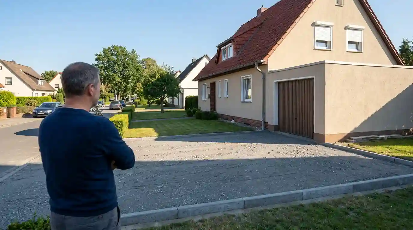 Vorbereitete Schotterfläche einer Einfahrt vor den Pflasterarbeiten in Berlin