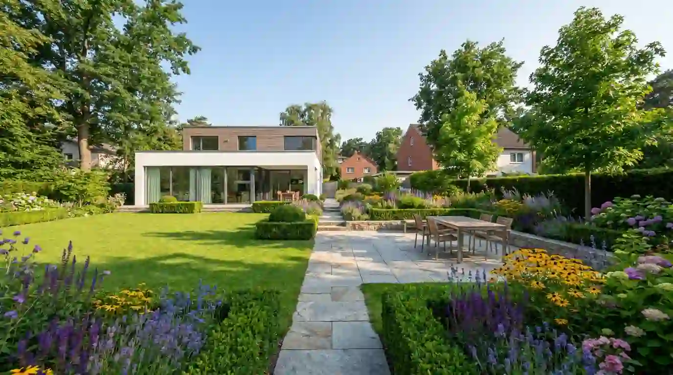 Gepflegter Garten mit Natursteinterrasse, Staudenbeeten und Rasen vor modernem Haus – Galabau Berlin von Berliner Galabau