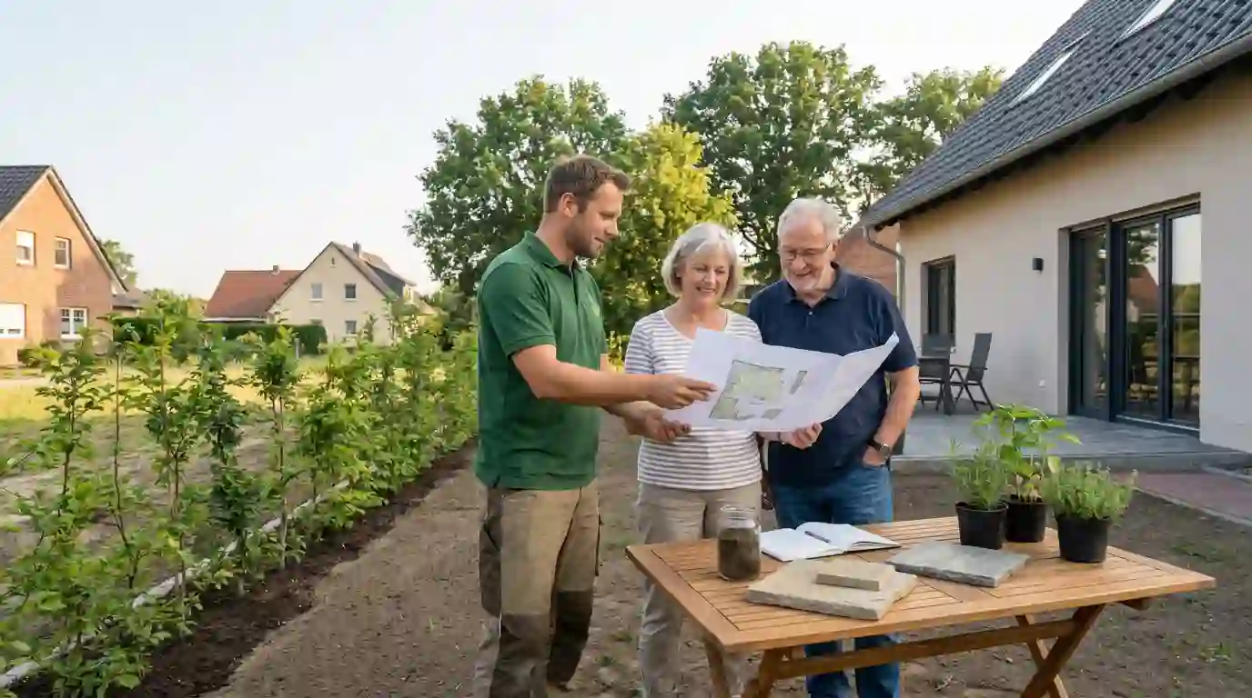 Landschaftsgärtner bespricht Gartenplan mit älterem Paar im Garten, Pflanzen und Steinmuster auf Tisch – Galabau Berlin von Berliner Galabau