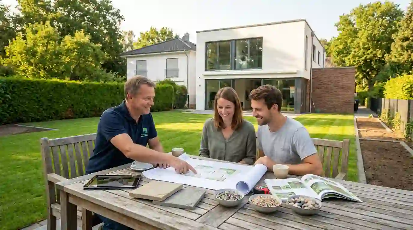 Landschaftsgärtner berät Kundenpaar am Gartentisch mit Plänen und Natursteinmustern – Galabau Berlin von Berliner Galabau