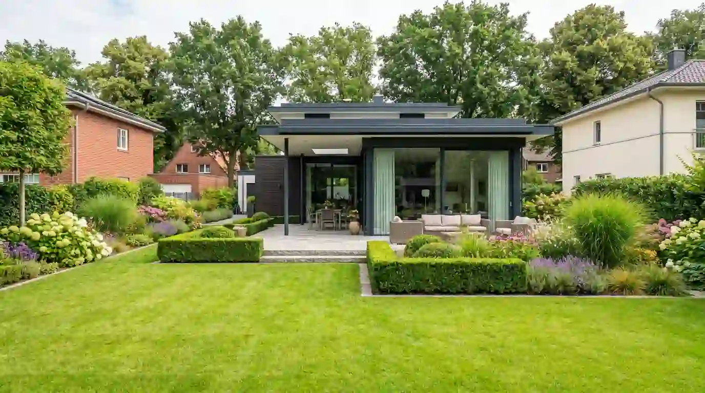 Moderner Bungalow mit gepflegtem Rasen, Staudenbeeten und Terrasse – Gartenbau Berlin von Berliner Galabau
