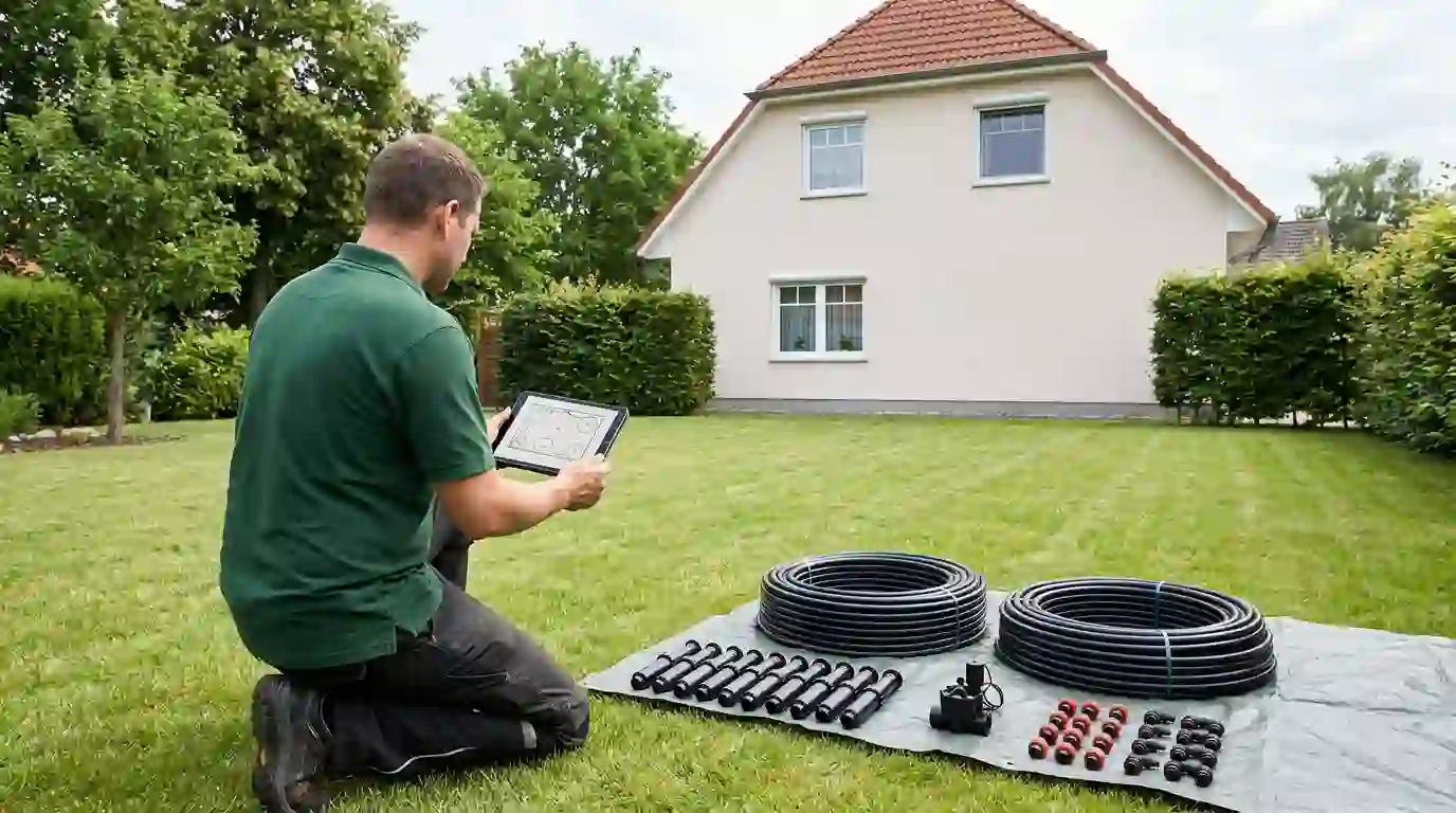 Gartenbauer plant Bewässerungsanlage mit Tablet, Material für die Installation im Berliner Garten – Berliner Galabau