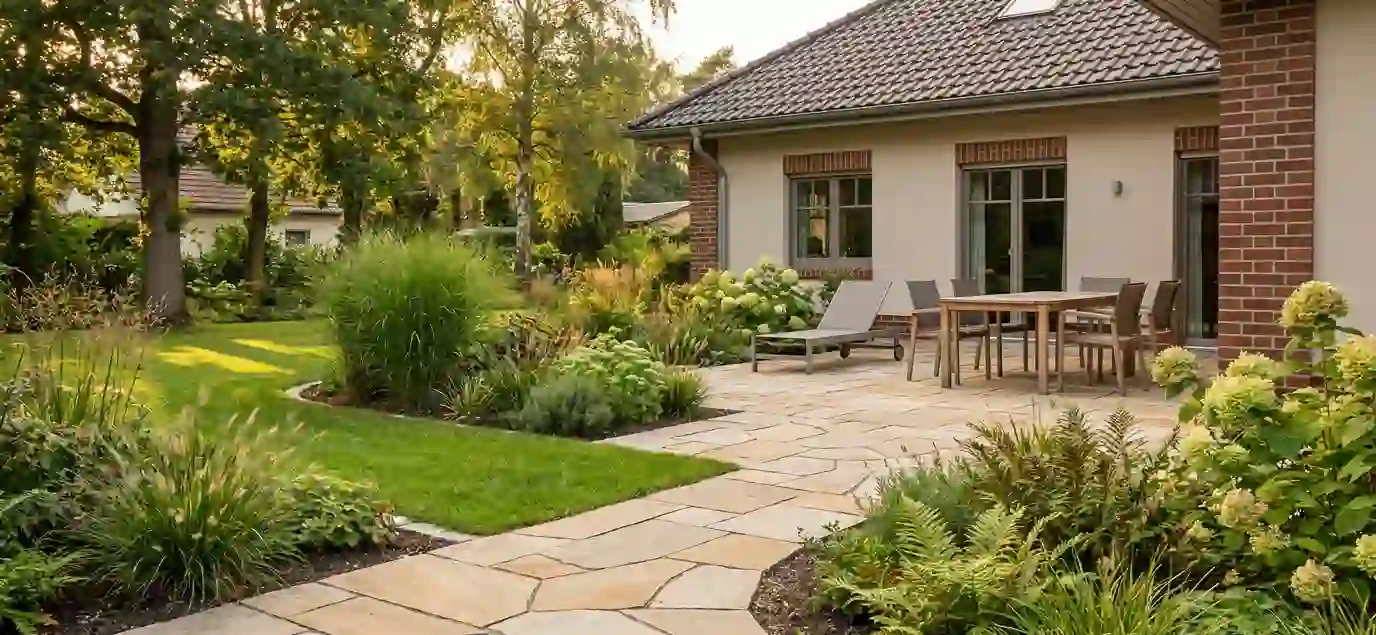 Naturstein-Terrasse mit Sitzgruppe und geschwungenem Weg, Beeten und Rasen an Bungalow – Gartengestaltung Berlin von Berliner Galabau