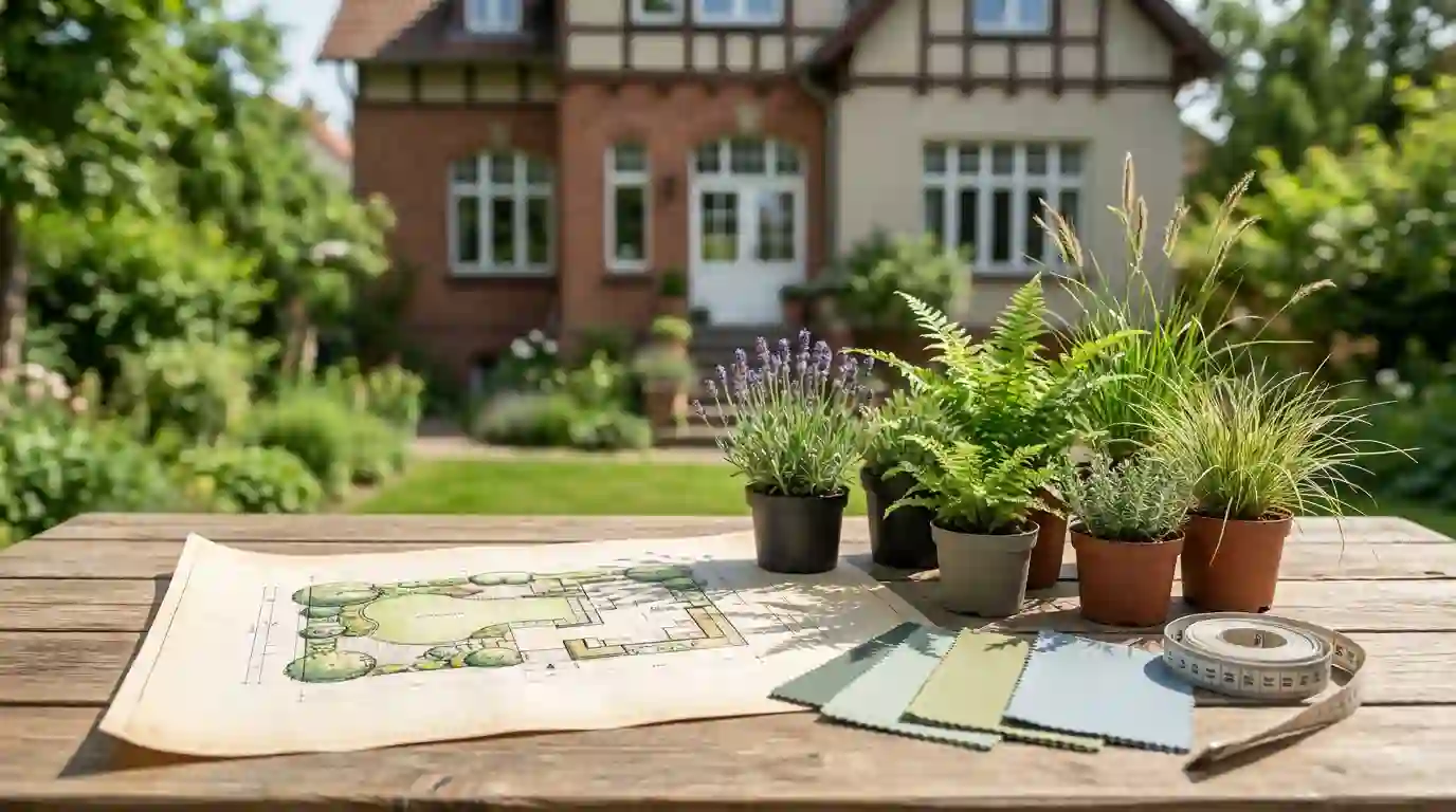 Gartenplan mit Bepflanzungsentwurf, Pflanzmustern und Farbproben auf Gartentisch – Gartengestaltung Berlin von Berliner Galabau