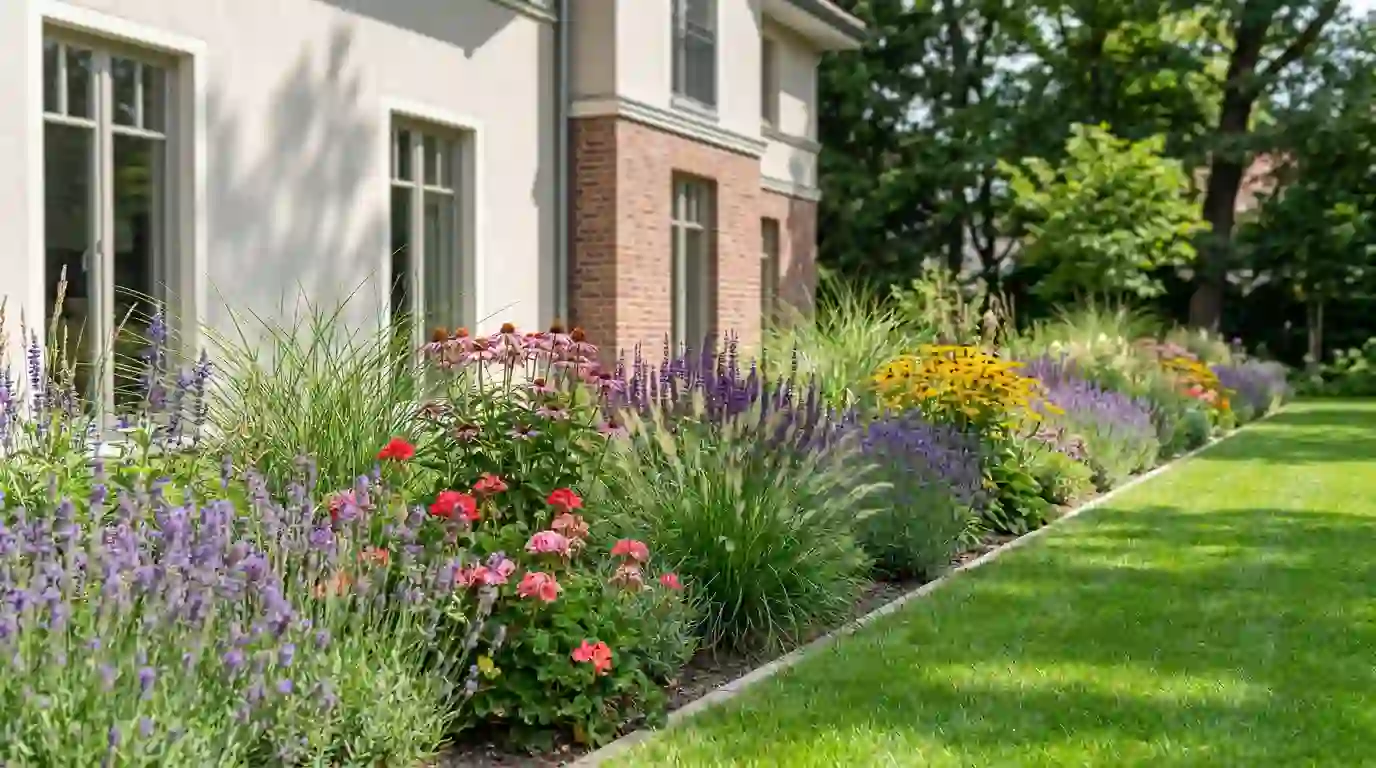Farbenreiches Staudenbeet mit Lavendel, Gräsern und Sonnenhut entlang Rasenkante vor Berliner Haus – Gartengestaltung Berlin von Berliner Galabau