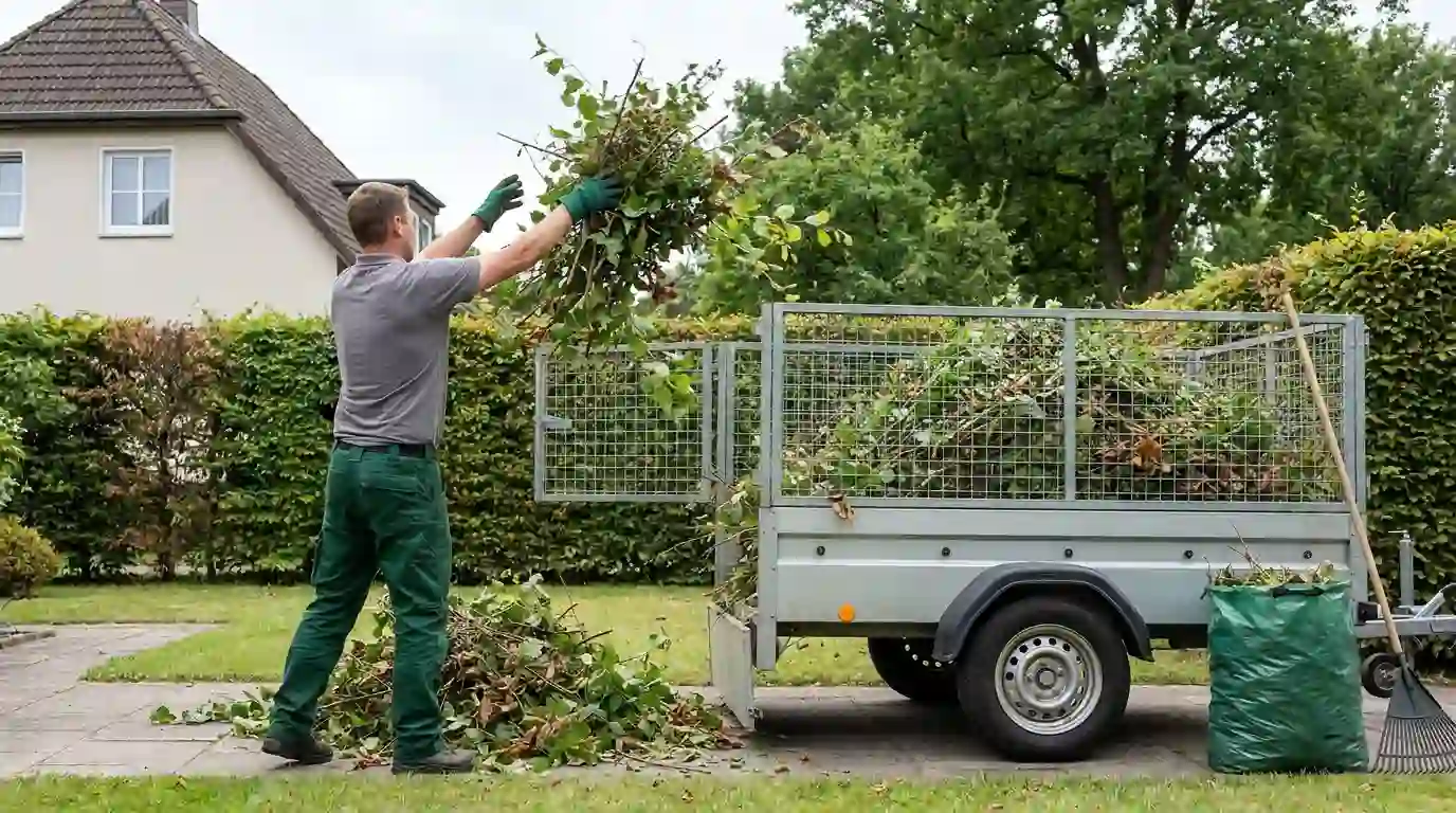 Gärtner lädt Grünschnitt in einen Anhänger zur Entsorgung in einem Berliner Garten