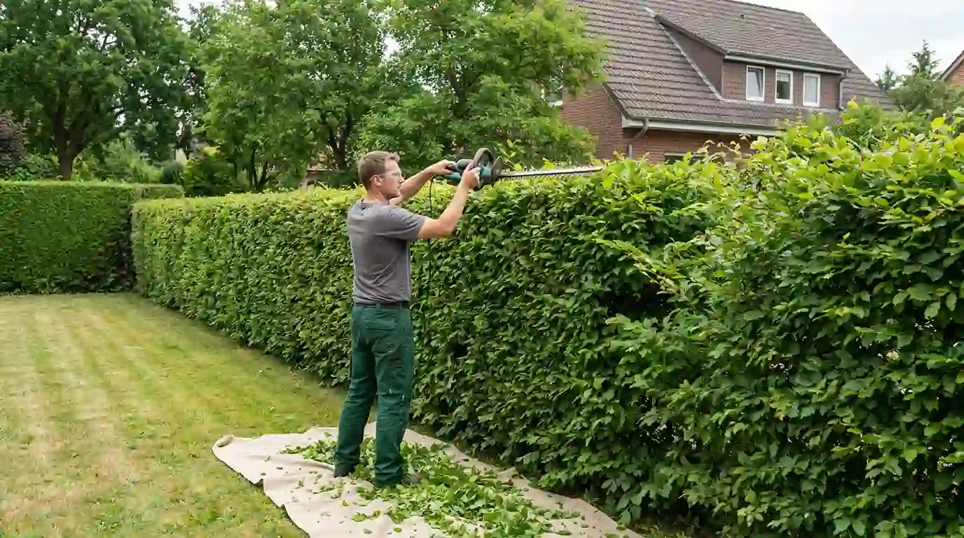 Gärtner schneidet eine hohe Hainbuchenhecke mit der Heckenschere in einem Berliner Garten