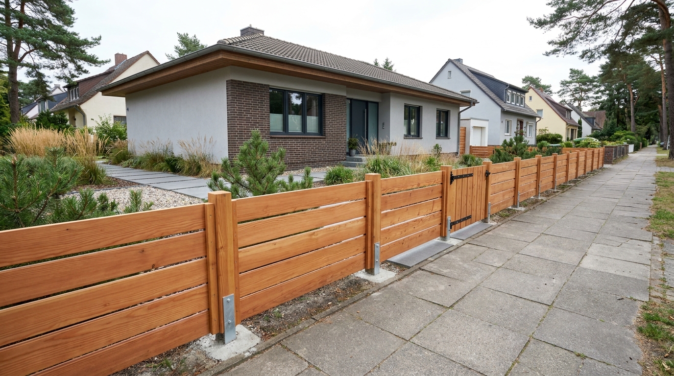 Zaunbau Berlin: Holzzaun aus Douglasie mit waagerechten Brettern und Gartentor an einem Einfamilienhaus