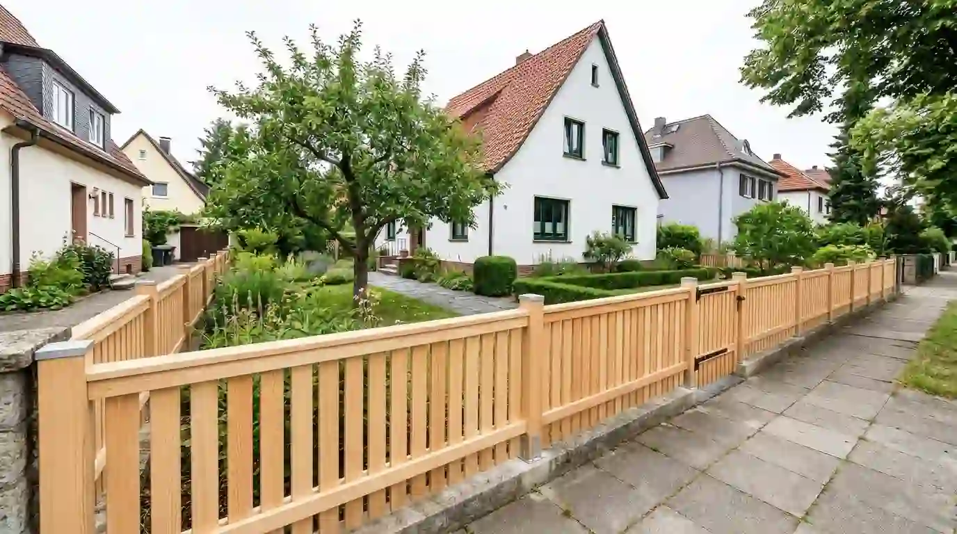 Zaunbau Berlin: neuer Holzlattenzaun aus Lärche am Vorgarten eines Einfamilienhauses