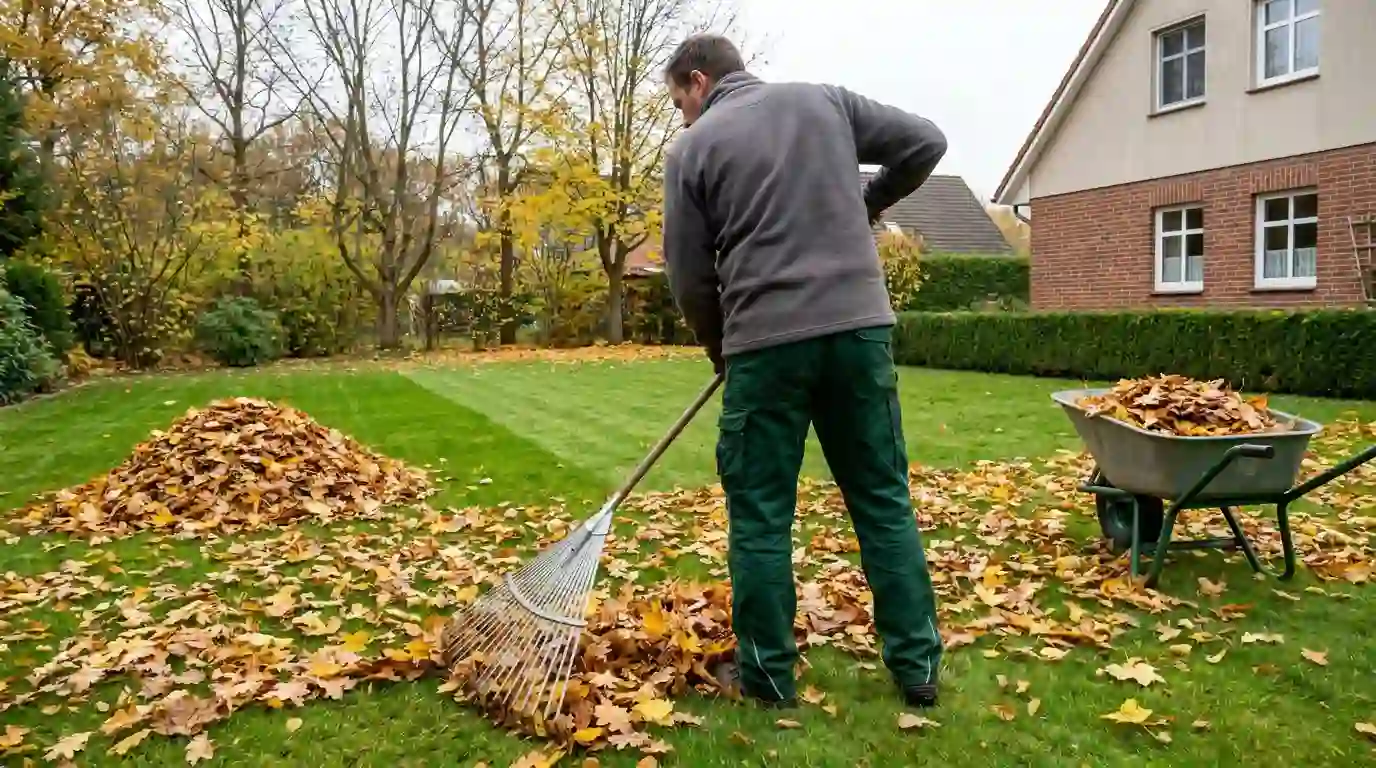 Gärtner rechnt Herbstlaub auf einer Rasenfläche in einem Berliner Garten zusammen