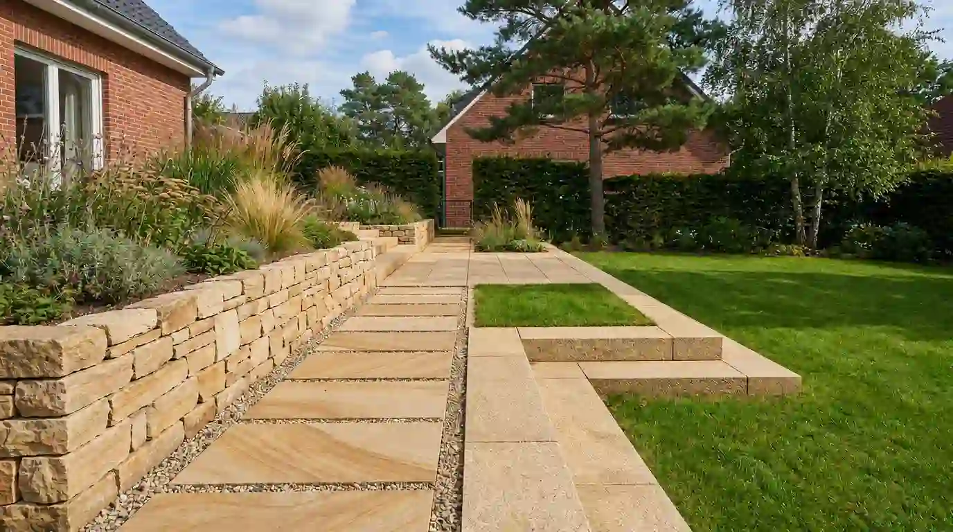 Gartenweg, Trockenmauer und Stufen aus Sandstein in einem Garten in Berlin