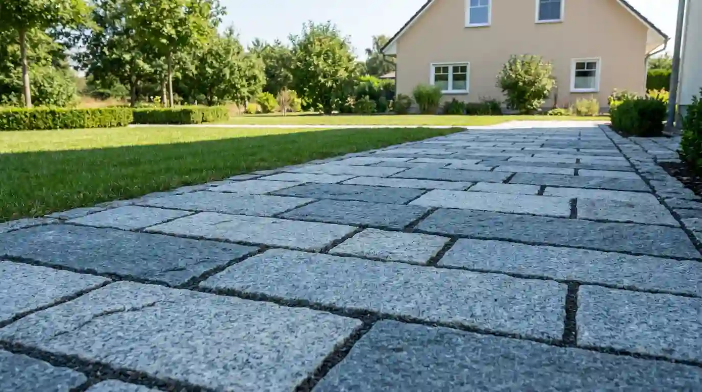 Gartenweg mit grauem Granitpflaster in einem Berliner Wohngarten