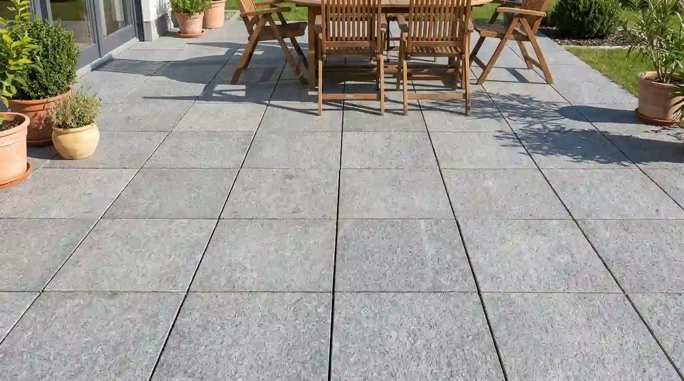 Natursteinterrasse aus großformatigen Granitplatten mit Sitzbereich in einem Garten in Berlin