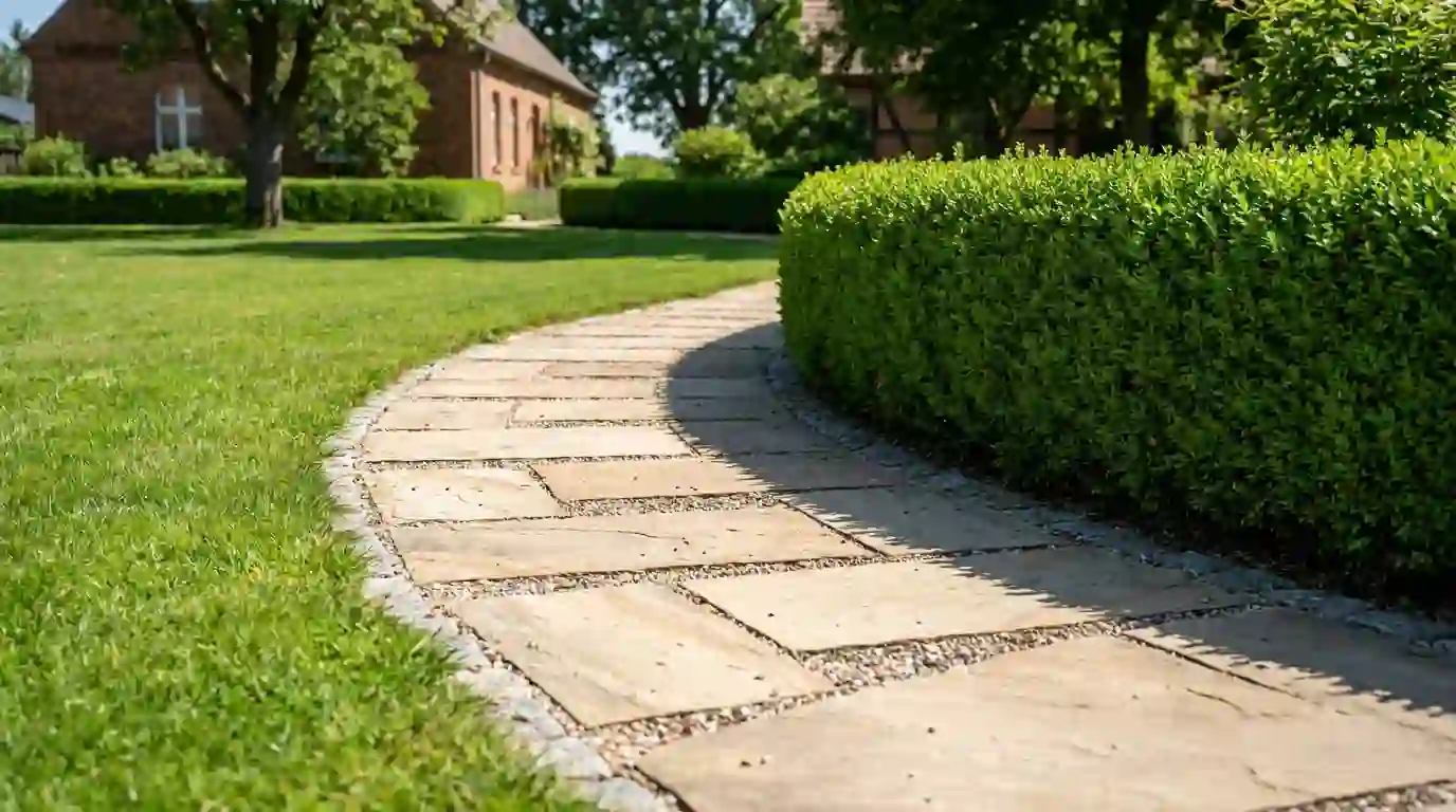 Gartenweg aus Sandsteinplatten mit Kiesfugen an einem Wohnhaus in Berlin