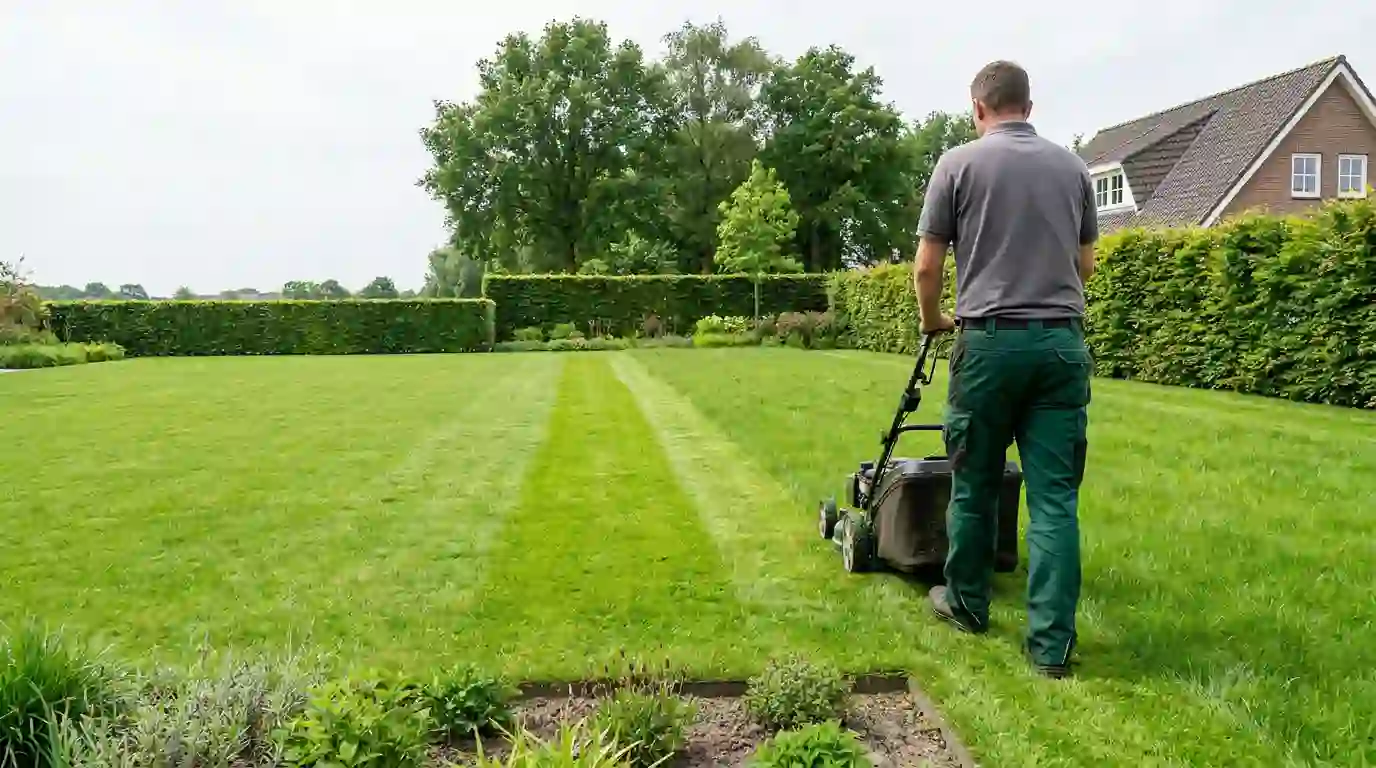 Gärtner mäht Rasen mit Handrasenmäher in einem Berliner Garten 