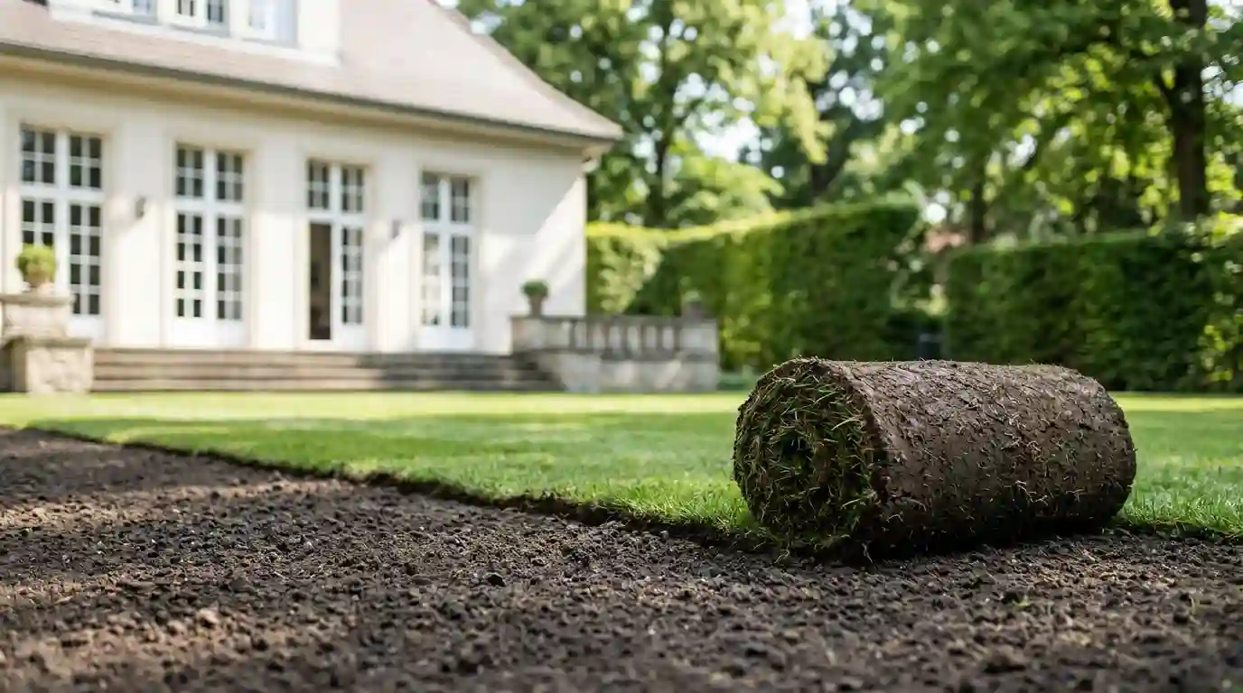 Rasenrolle wird auf vorbereitetem Boden im Garten einer Berliner Villa ausgerollt