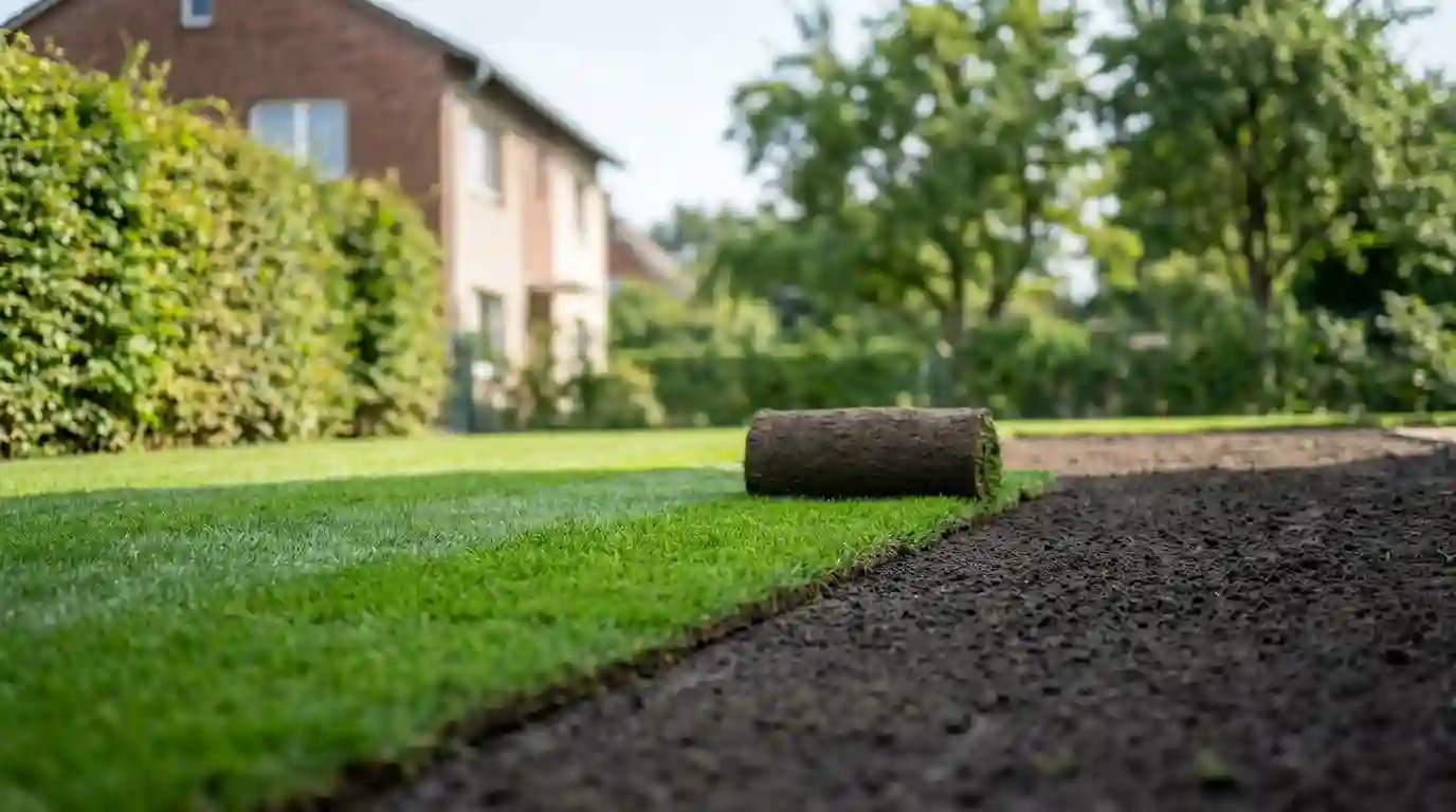Rasenrolle an der Verlegekante zwischen fertiger Rasenfläche und vorbereitetem Boden in einem Berliner Garten