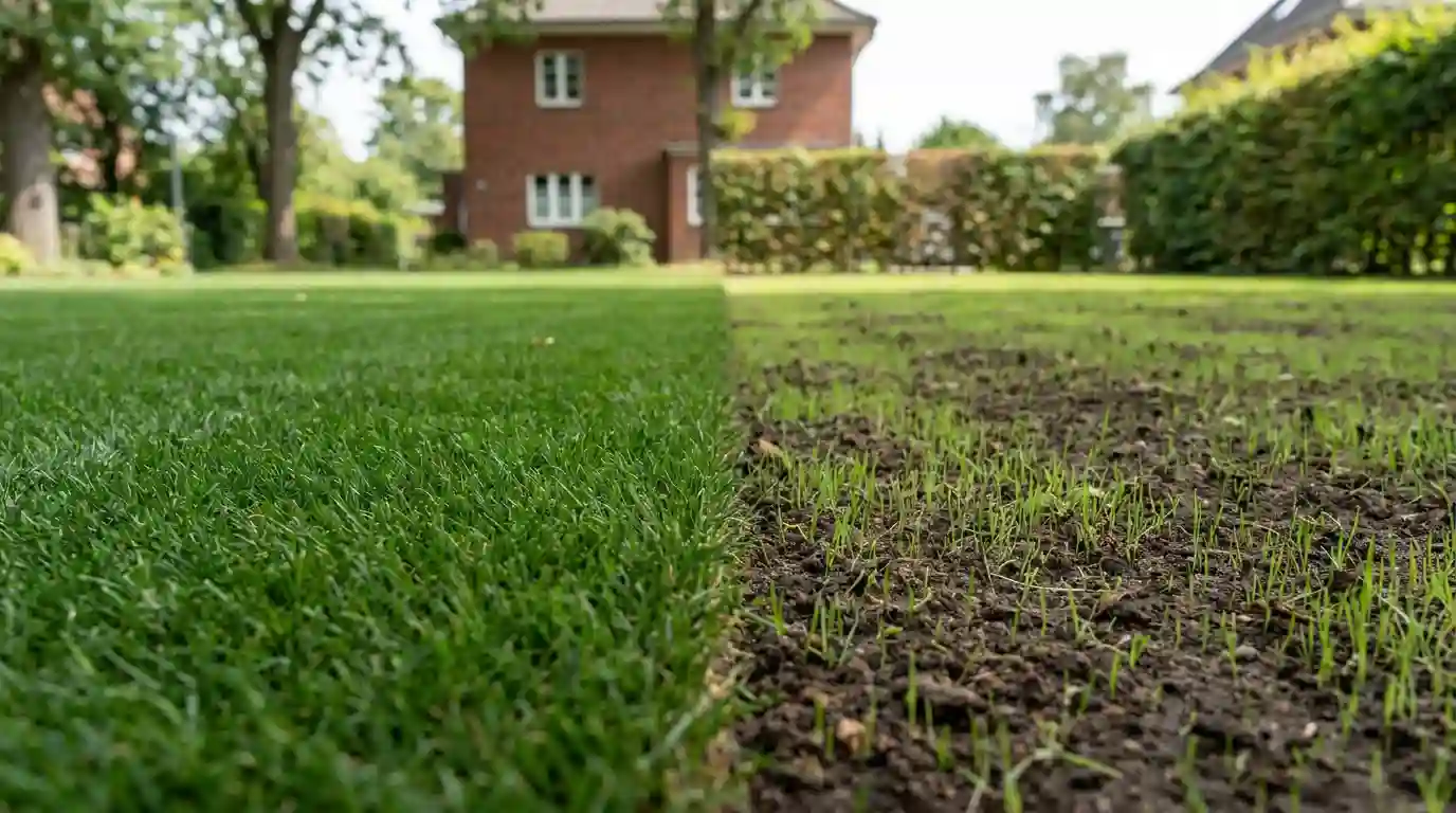 Vergleich zwischen fertig verlegtem Rollrasen und frisch gekeimter Rasenaussaat in einem Berliner Garten