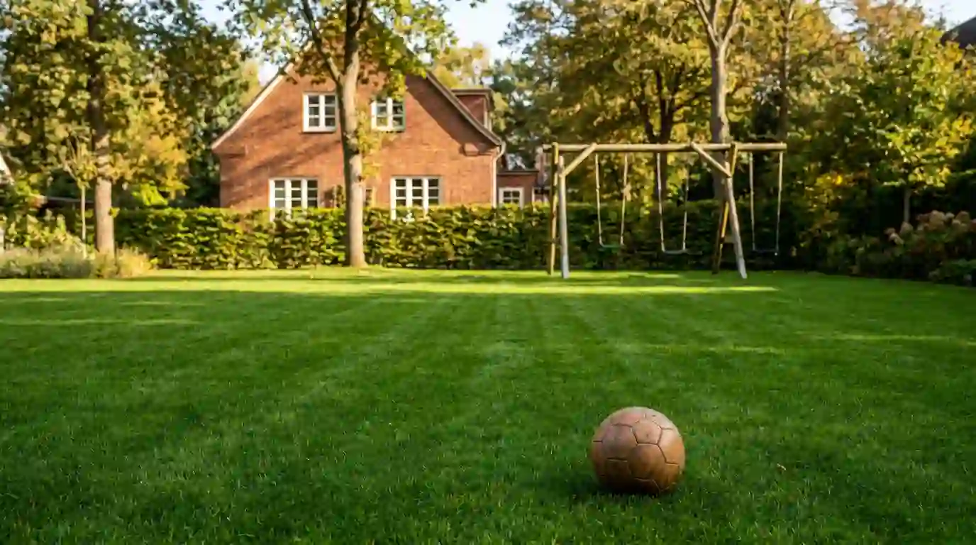 Dicht geschlossener Sport- und Spielrasen in einem Berliner Familiengarten mit Schaukel