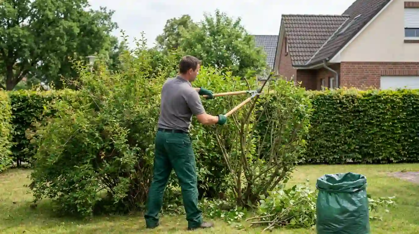 Gärtner schneidet einen Zierstrauch mit der Astschere in einem Berliner Garten
