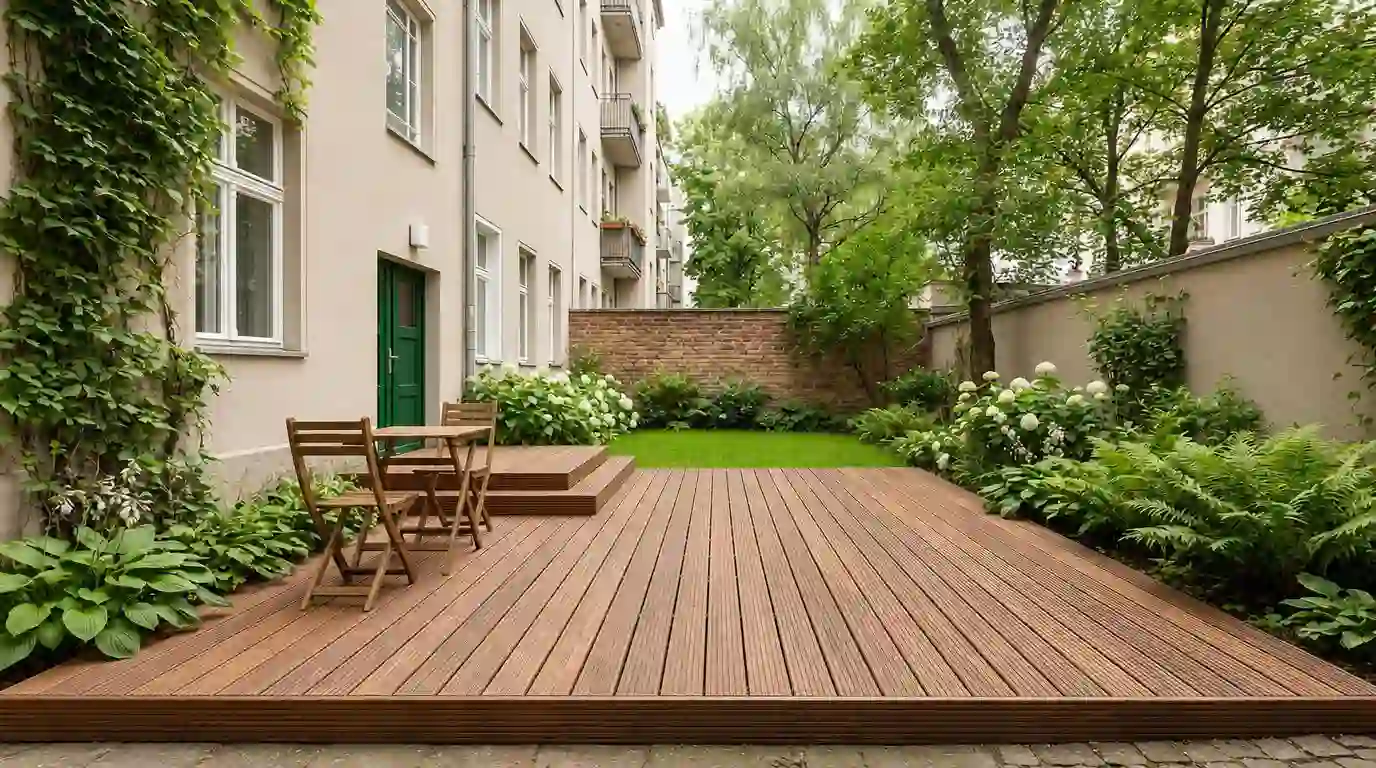 Neue Holzterrasse mit Riffeldielen, Stufe und Sitzgruppe im Hinterhof eines Berliner Altbaus – Terrassenbau Berlin von Berliner Galabau