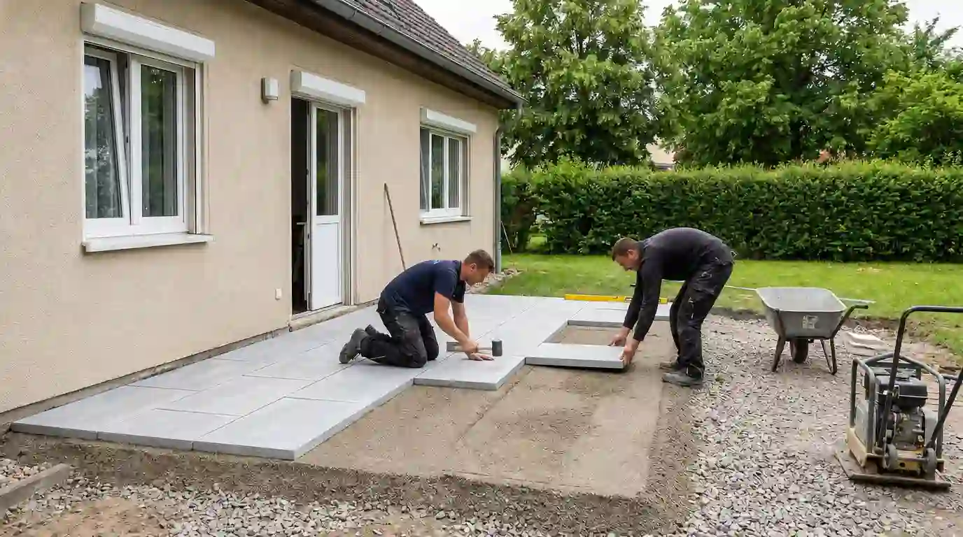 Zwei Landschaftsgärtner verlegen Terrassenplatten im Splittbett auf frostsicherem Unterbau an einem Einfamilienhaus – Terrassenbau Berlin von Berliner Galabau