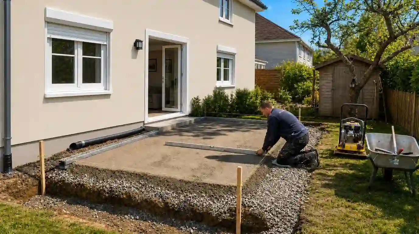Landschaftsgärtner prüft Gefälle auf abgezogenem Splittbett über frostsicherem Schotterunterbau mit Drainage an der Hauswand – Terrassenbau Berlin von Berliner Galabau