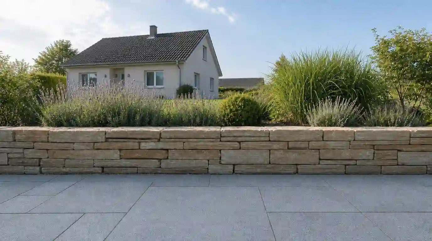 Trockenmauer aus Sandstein mit Granitterrasse an einem Einfamilienhaus - Natursteinarbeiten Berlin – Trockenmauer aus Sandstein mit angrenzender Granitterrasse - Natursteinarbeiten Berlin
