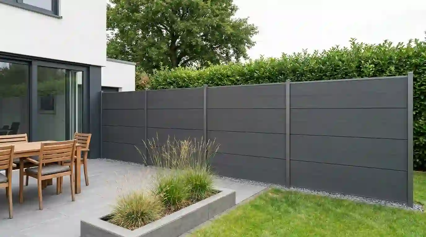 Sichtschutz Berlin: anthrazitfarbene WPC-Elemente an einer Terrasse mit Sitzplatz
