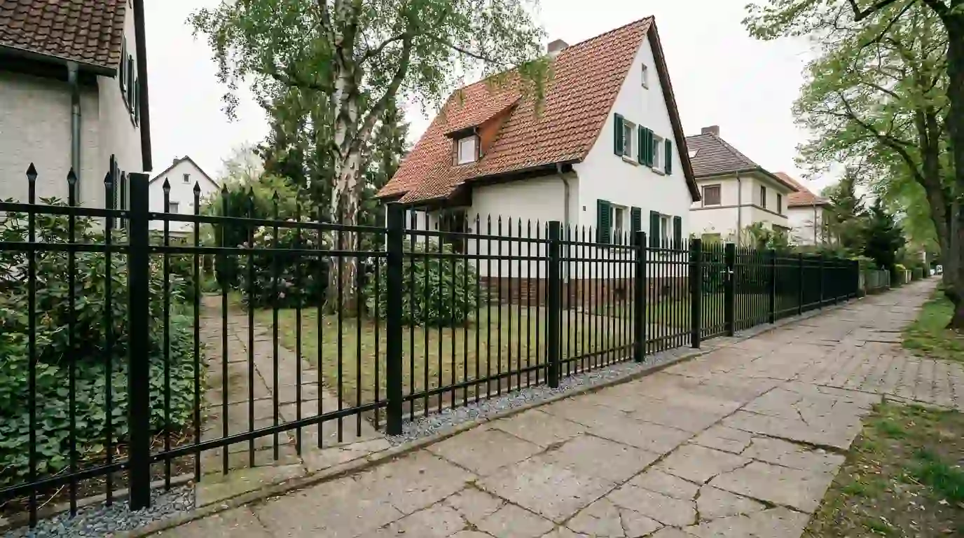 Zaunbau Berlin und Brandenburg: schwarzer Metallzaun mit Spitzen am Vorgarten eines Einfamilienhauses