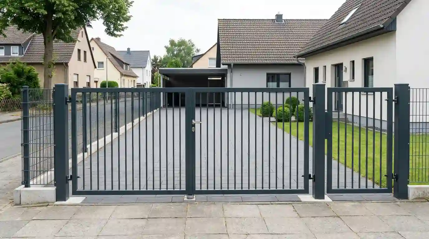 Zaunbau Berlin: anthrazitfarbenes zweiflügeliges Tor mit Pforte an der Einfahrt eines Einfamilienhauses