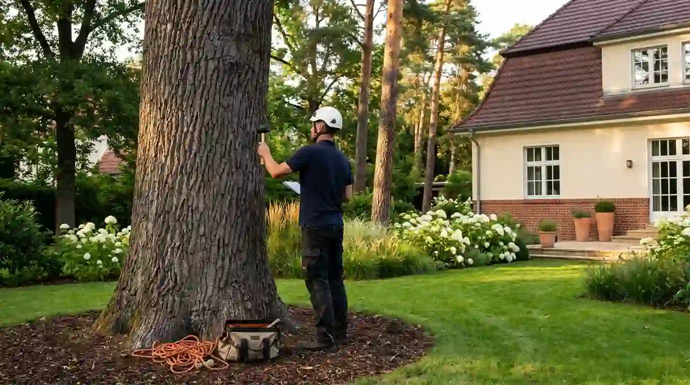 Baumpflege Zehlendorf – Baumkontrolle an altem Baumbestand Baumpflege in Berlin-Zehlendorf: Baumpfleger prüft den Stamm einer alten Eiche im Garten einer Villa – Berliner Galabau