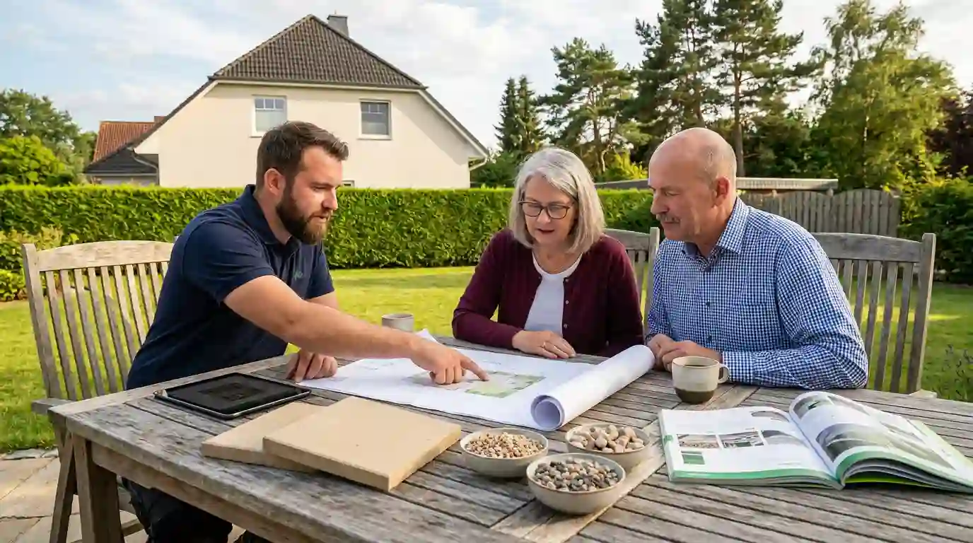 Gartenbau Berlin-Reinickendorf – Beratung und Planung vor Ort Beratungsgespräch zur Gartenplanung mit Gartenplan und Materialmustern in Berlin-Reinickendorf durch Berliner Galabau