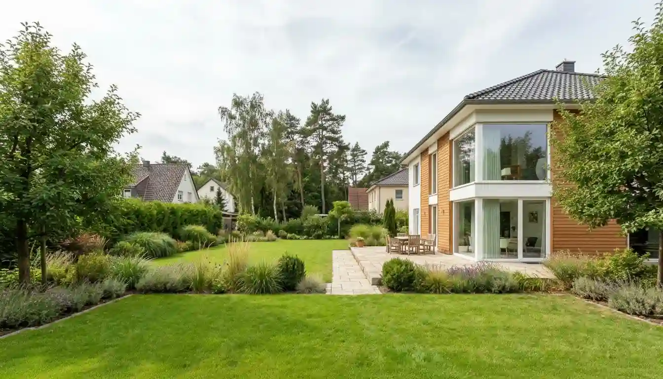 Gartenbau Berlin-Reinickendorf – Gartenanlage mit Terrasse und Staudenbeeten Angelegter Garten mit Rasenfläche, Natursteinterrasse und Staudenbeeten an einem Wohnhaus in Berlin-Reinickendorf von Berliner Galabau