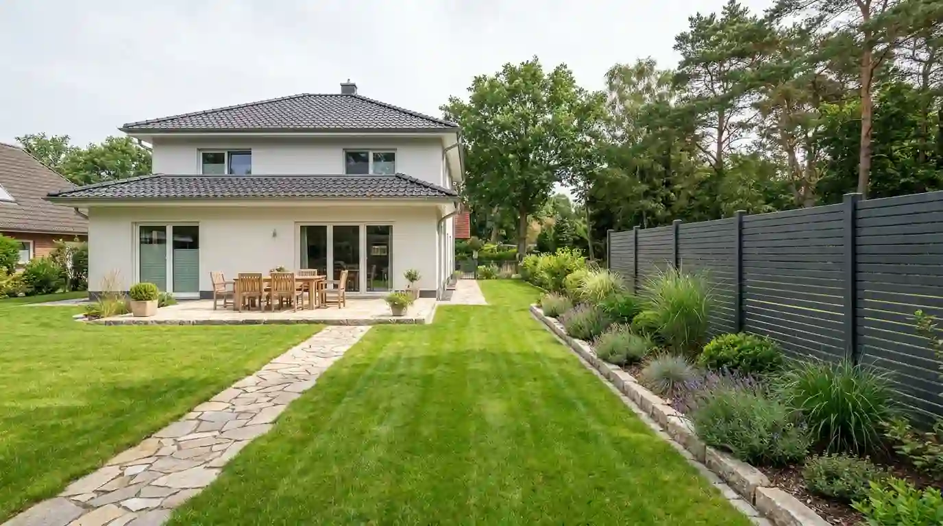 Gartenbau Berlin-Reinickendorf – Leistungen im Überblick Garten in Berlin-Reinickendorf mit Rasen, Natursteinweg, Terrasse, Staudenbeet und Sichtschutz, angelegt von Berliner Galabau