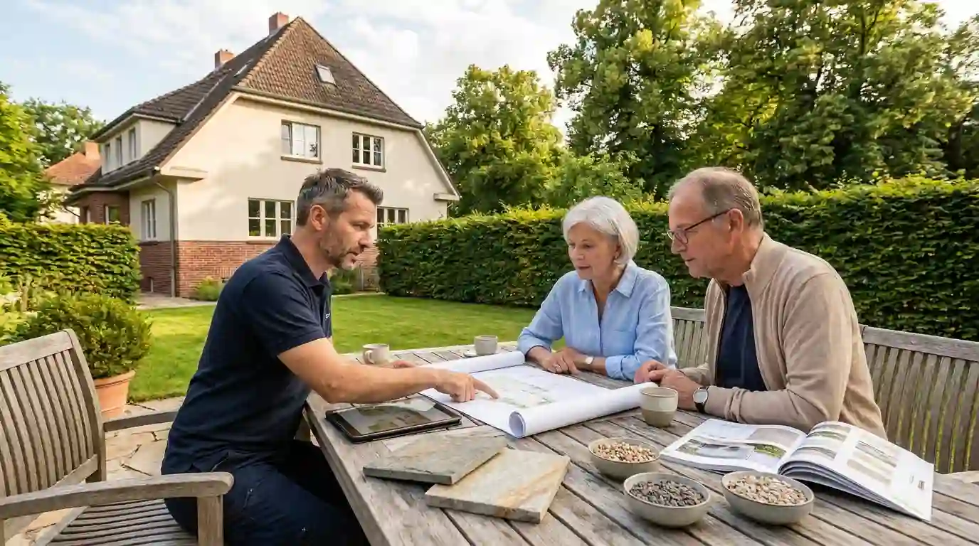 Beratungsgespräch zur Gartenplanung mit Gartenplan und Materialmustern in Berlin-Steglitz durch Berliner Galabau