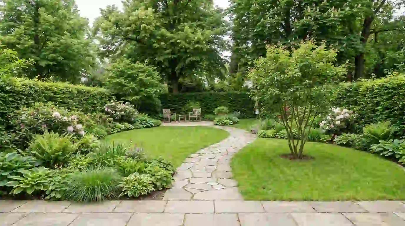 Gestalteter Garten mit Natursteinweg, Sitzplatz und Staudenbeeten in Berlin-Steglitz, geplant und angelegt von Berliner Galabau
