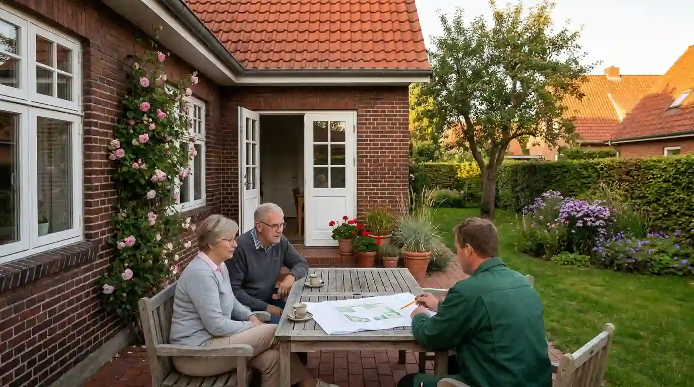 Gartenberatung mit Gartenplan auf der Terrasse eines Klinkerhauses in Berlin-Tempelhof – Berliner Galabau