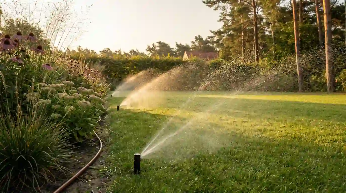 Versenkregner bewässern den Rasen, Tropfschlauch versorgt das Staudenbeet in einem Garten in Berlin-Spandau – Berliner Galabau