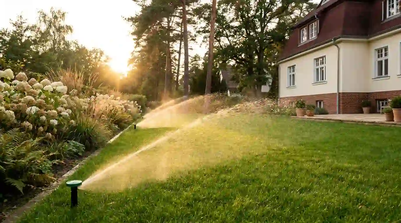 Gartenbewässerung Zehlendorf – automatische Bewässerung für Rasen und Beete Gartenbewässerung in Berlin-Zehlendorf: automatische Versenkregner bewässern den Rasen im Garten einer Villa – Berliner Galabau