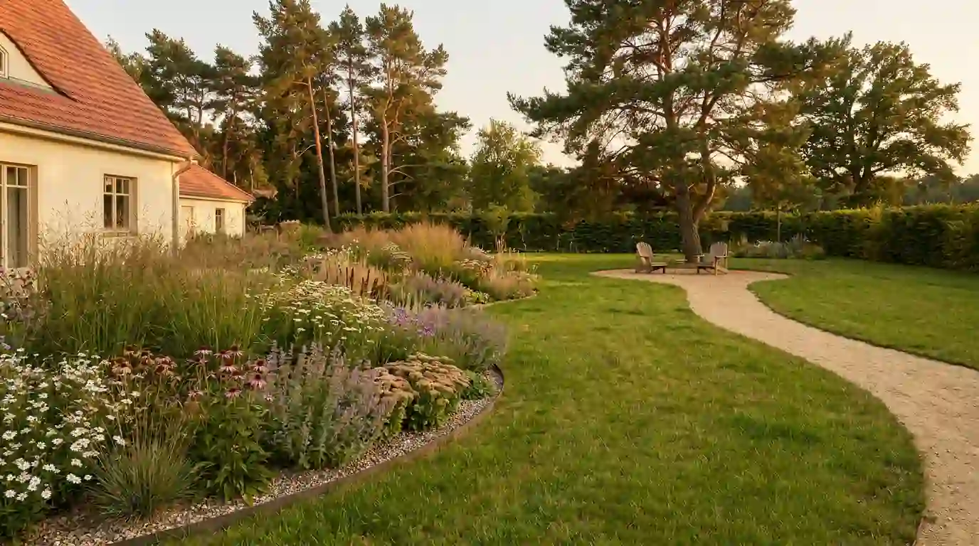Neu gestalteter Garten mit Staudenbeeten, Kiesweg und Sitzplatz unter einer Kiefer in Berlin-Spandau – Berliner Galabau