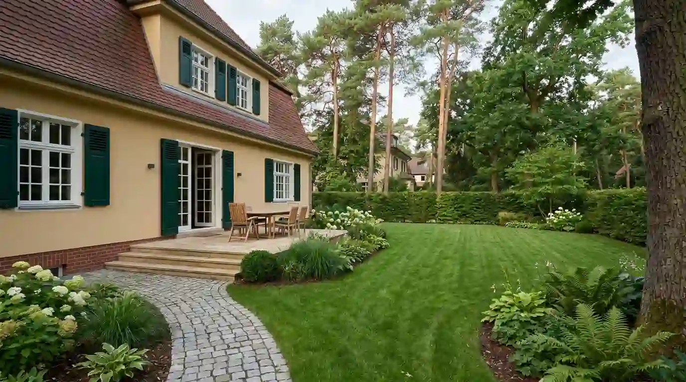 Gartengestaltung Berlin-Zehlendorf – Wege, Terrasse, Rasen und Bepflanzung Gestalteter Garten mit Terrasse, Natursteinweg, Sitzplatz und Staudenbeeten in Berlin-Zehlendorf, geplant und angelegt von Berliner Galabau