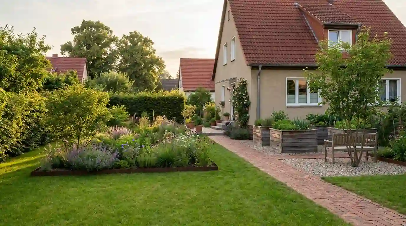 Neu gestalteter Garten mit Klinkerweg, Staudenbeeten und Hochbeeten in Berlin-Tempelhof – Berliner Galabau