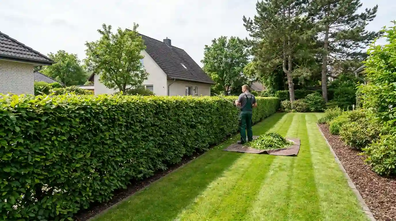 Gartenpflege Berlin-Reinickendorf – Heckenschnitt im Privatgarten Mitarbeiter beim Heckenschnitt an einer Hainbuchenhecke in einem Privatgarten in Berlin-Reinickendorf, ausgeführt von Berliner Galabau