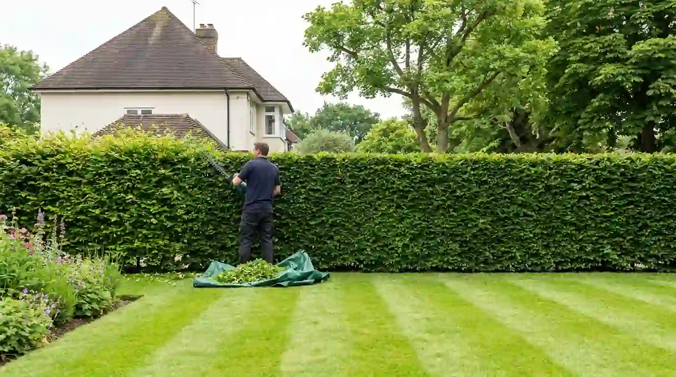 Heckenschnitt an einer Hainbuchenhecke im Rahmen der Gartenpflege in Berlin-Steglitz durch Berliner Galabau