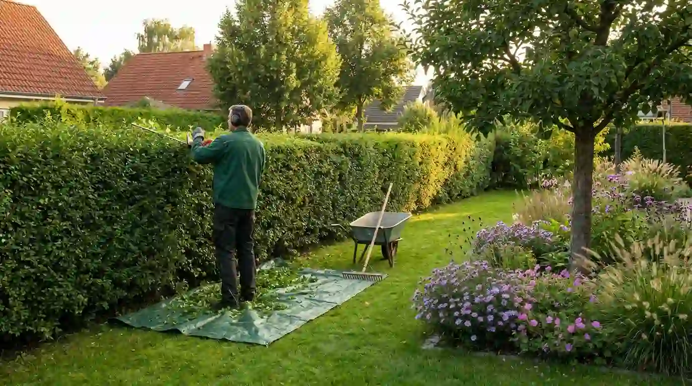 Gärtner beim Heckenschnitt in einem Garten in Berlin-Tempelhof – Berliner Galabau